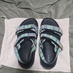 Tory Burch Multicolor Tweed Strappy Sandals on Black Footbed